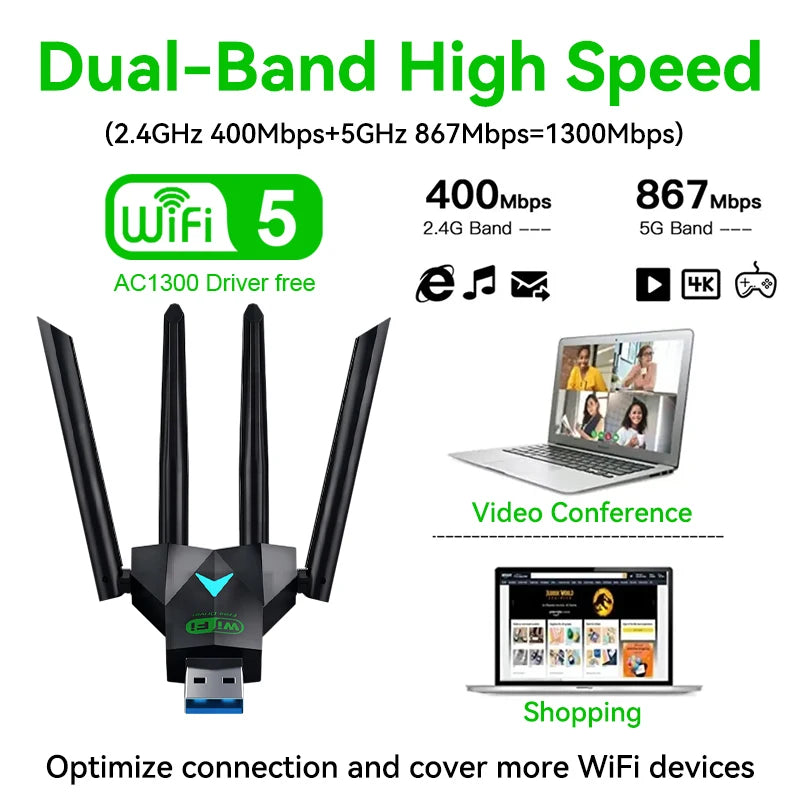 Dual Band 1300Mbps WiFi USB Adapter 2.4G/5Ghz Wi-Fi Dongle USB3.0 802.11AC 4-Antenna Wireless Receiver For PC/Laptop Driver Free Oasis Select