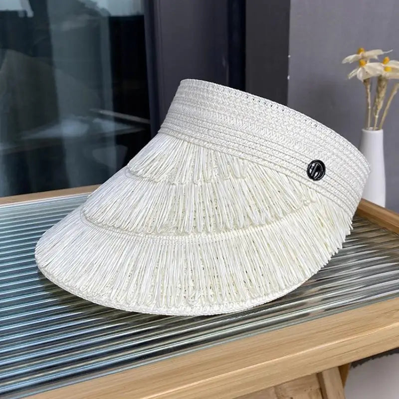 Straw Hat Women Summer Fashion Fringe Sun Protection Wide Brim Lightweight Designer Brand Adjustable For Beach Activities Oasis Select White