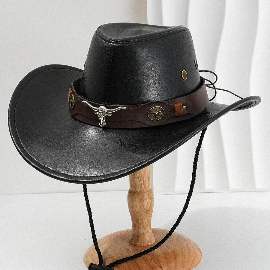 Unisex Vintage Faux Leather Western Cowboy Hat Outdoor Gentleman Cowgirl Jazz Cap Sombrero Hombre Cowboy Hat Oasis Select black