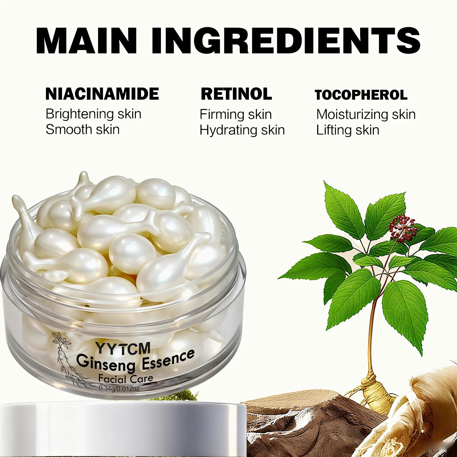 Ginseng Essence Capsules, Moisturizing and Firming Essence Serum, Contains Squalane, Niacinamide, Vitamin E, Retinol, Deep Hydration (0.34Gx30 Capsules)/Bottle-1 Bottle Oasis Select