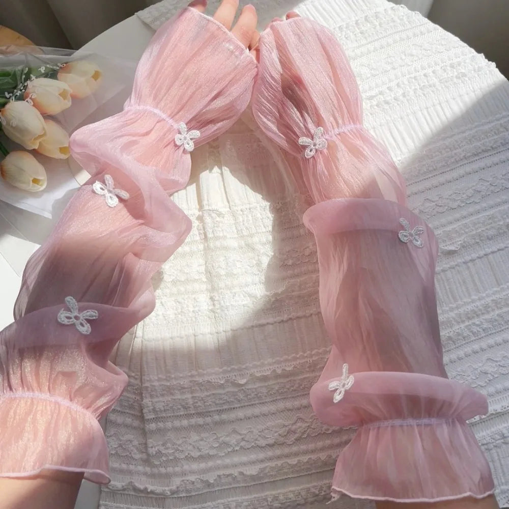 1 Pair Wide Fairy Style Arm Cover UV Resistant Breathable Ice Sleeves Cooling Bow Ice Silk Sunscreen Sleeves Sun Protection Oasis Select Pink