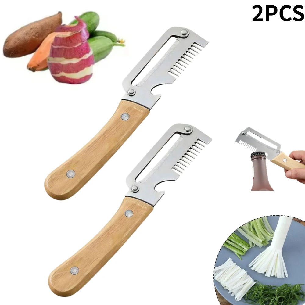 3-in-1 Multifunction Kitchen Peeler, Wooden Handle Stainless Steel Serrated Knife, Vegetable Fruit Peeler Shredder Bottle Opener Oasis Select 2 X Wooden handle