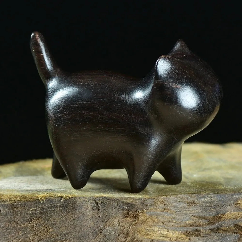 Handmade Wooden Cat Figurine with Bell | Natural Wood Decor Wood Cat Figurine Oasis Select Black No Bell