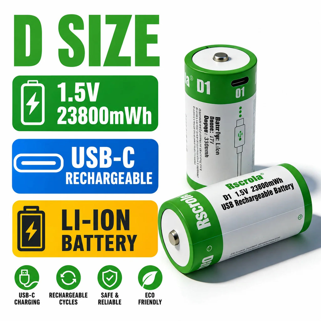 D Size 1.5V 23800mWh USB‑C Rechargeable Li‑ion Battery High Capacity Rechargeable D Cell for Flashlight Lantern Toys D battery Oasis Select