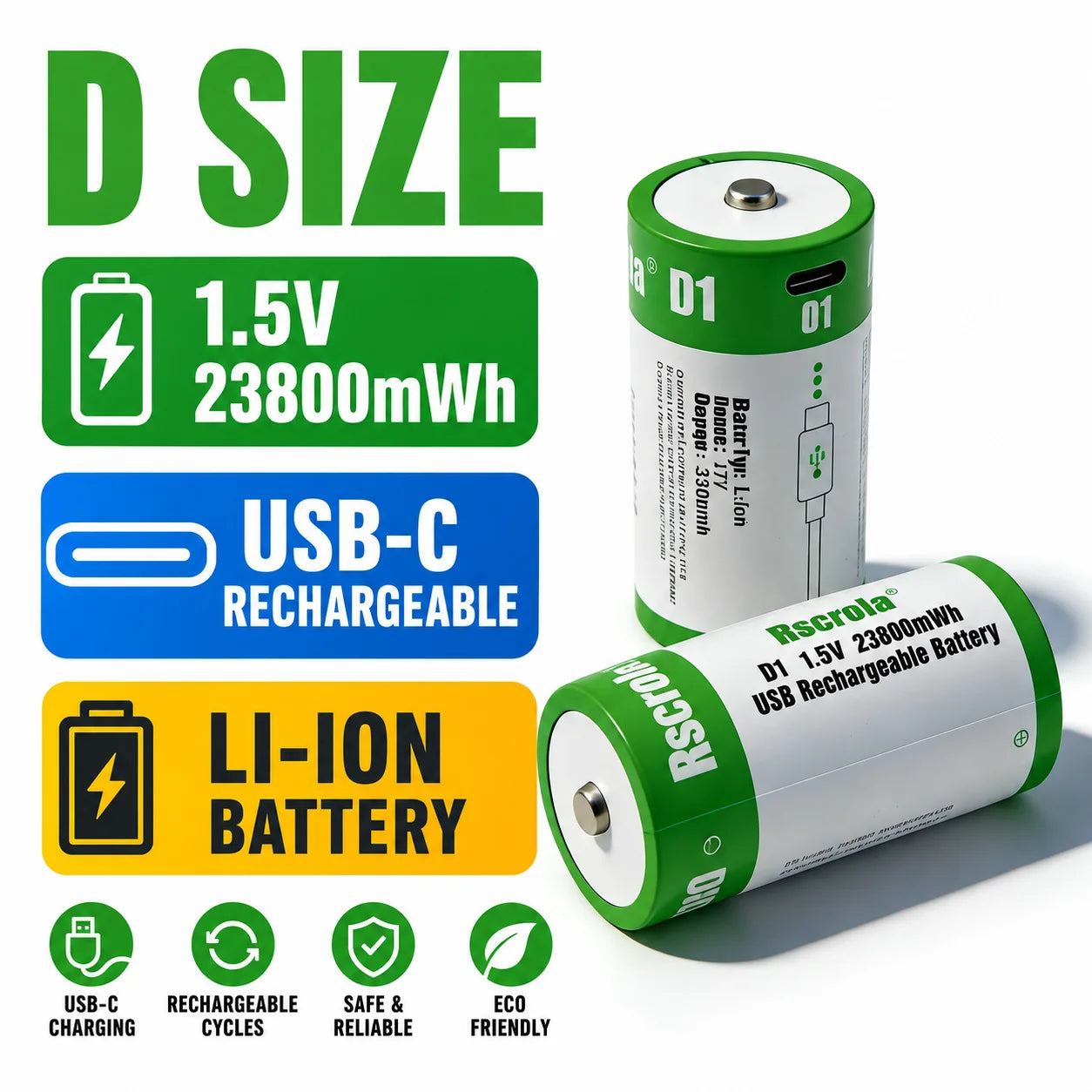 D Size 1.5V 23800mWh USB‑C Rechargeable Li‑ion Battery High Capacity Rechargeable D Cell for Flashlight Lantern Toys D battery Oasis Select