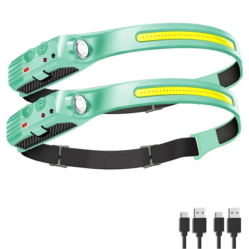 Super Bright Induction Headlamp COB+LED Sensor Head Flashlight 18650 Battery USB Rechargeable torch Camping Fishing Work Lights Oasis Select Green 2PCS