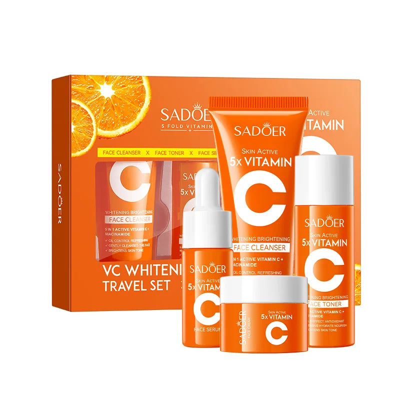 4pcs/box SADOER 5x Vitamin C Kit Whitening Moisturizing Travel Set(Facial Cleanser, Toner, Serum, Face Cream） Oasis Select 4pcs box