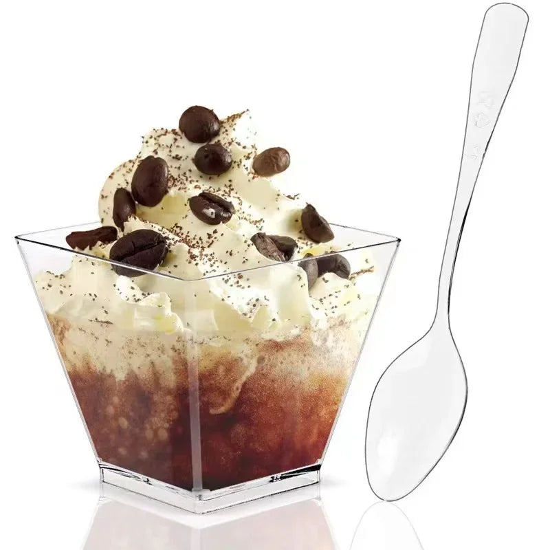 50pc Disposable Plastic Mousse Cup Ladder Shaped Cup Pudding Cup Mini Square Clear Plastic Dessert Cups Yogurt Mousse Baking Oasis Select
