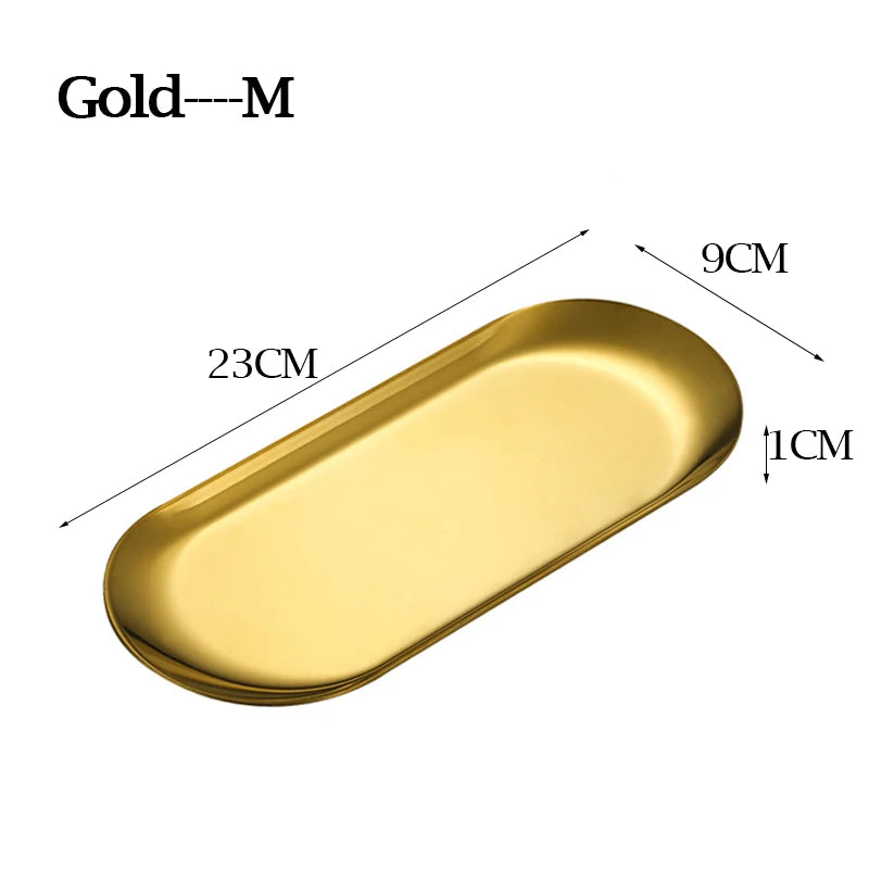 Nordic Style Dessert Dining Plate Nut Cake Fruit Plate Gold Silver Stainless Steel Towel Tray Snack Western Steak Kitchen Plate Oasis Select Golden-M