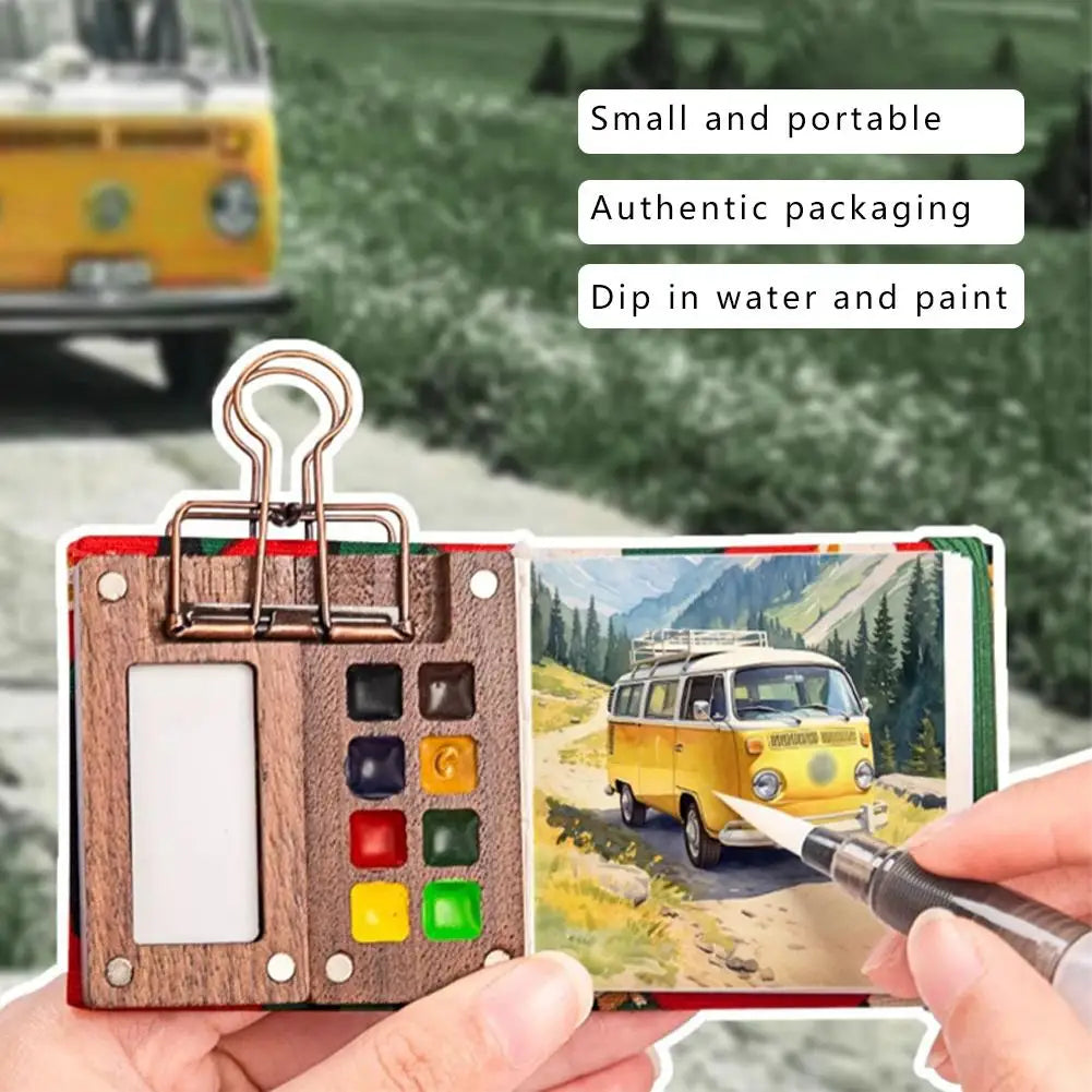 Travel Watercolor Palette Set – Wooden Paintbox & Sketchbook