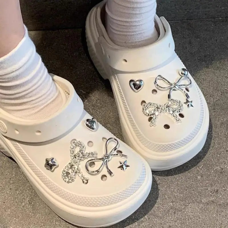 Elegant Rhinestore Bowknot Clogs Accessories Summer 2026 Woman's Luxury DIY Shoes Charms Set Y2K Metal Heart Shoes Decorations Oasis Select