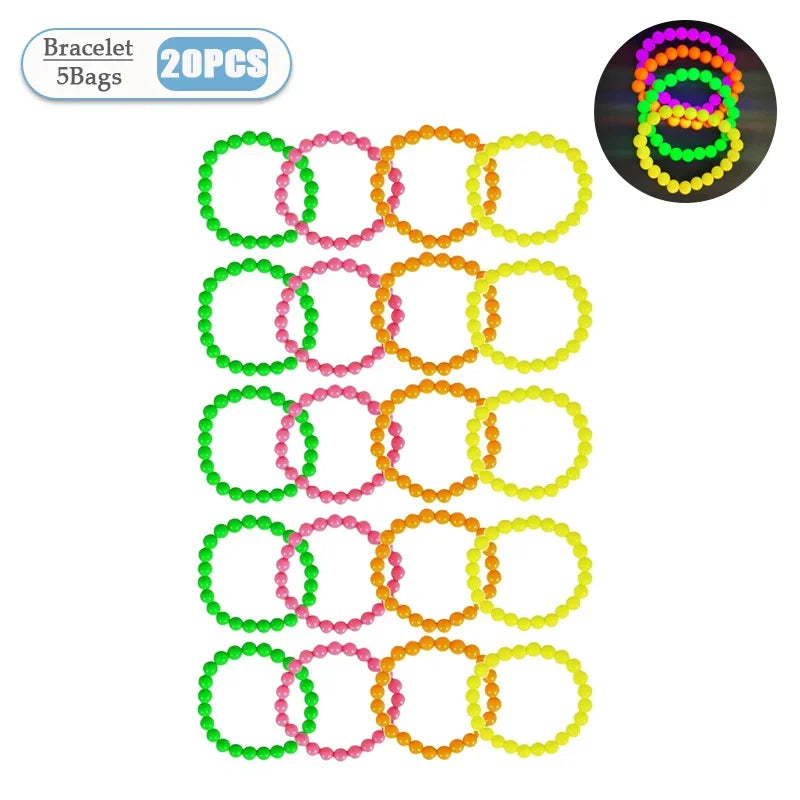 4-40PCS Connected Beads Necklace Neon Costume Accessory Set Bracelets Necklaces Photo Props Party Dress Up Bead Multicoloured Oasis Select Bracelet-20PCS