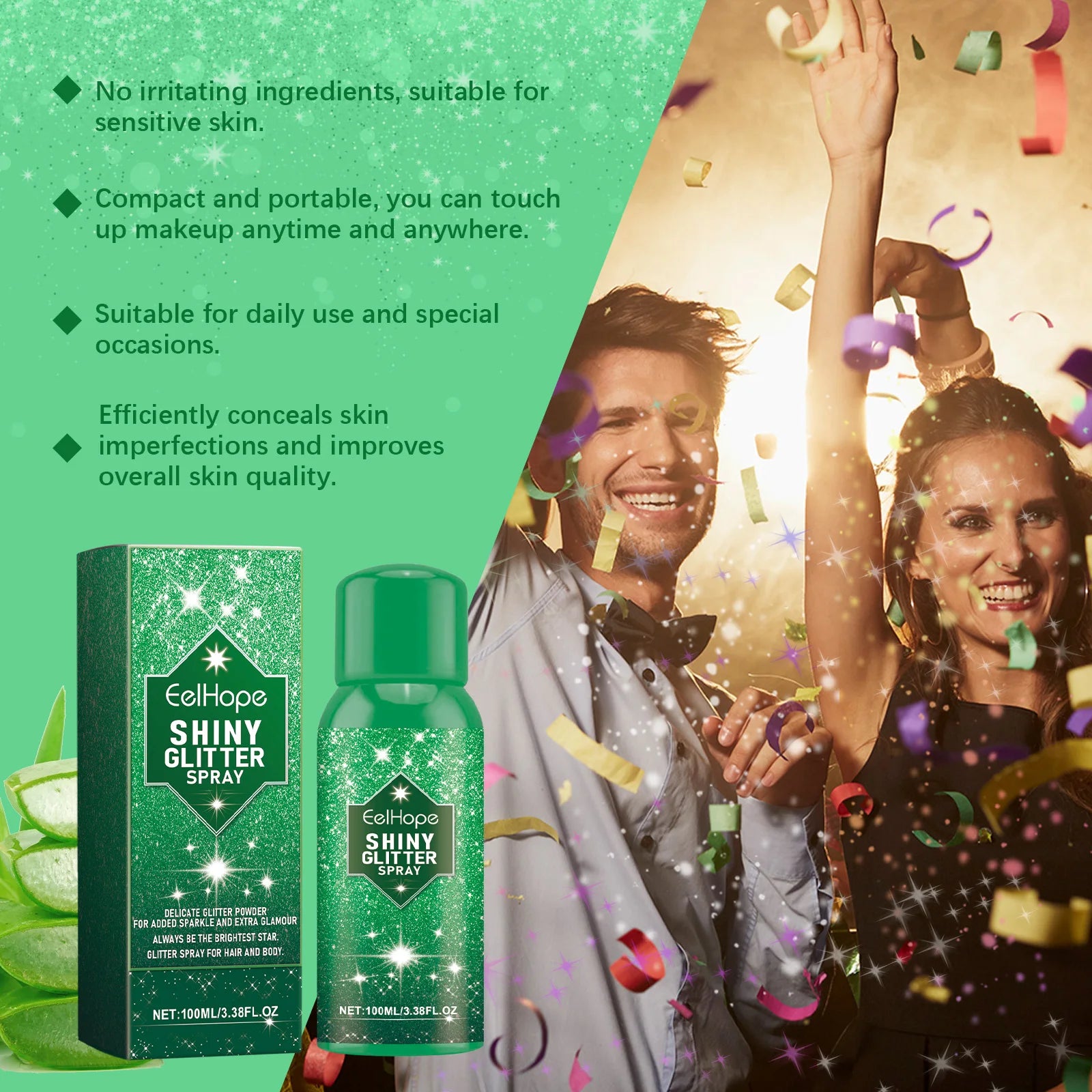 Multipurpose Glitter Spray for Body Face Clothes Shimmer Highlighter Quick Drying Universal Sparkle Gloss Long Lasting Spray Oasis Select