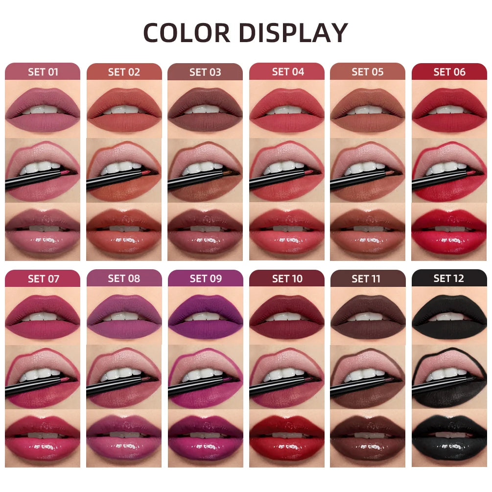 QIBEST 3-in-1 Matte Lipstick, Lip Liner & Gloss Set