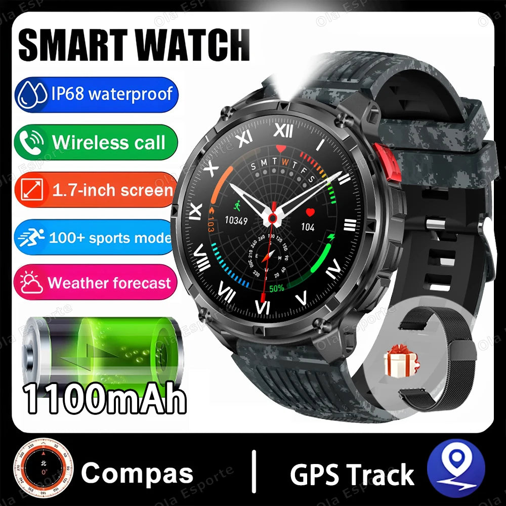 Rugged Military Smartwatch 1100mAh | Compass, Fitness & BT Calls