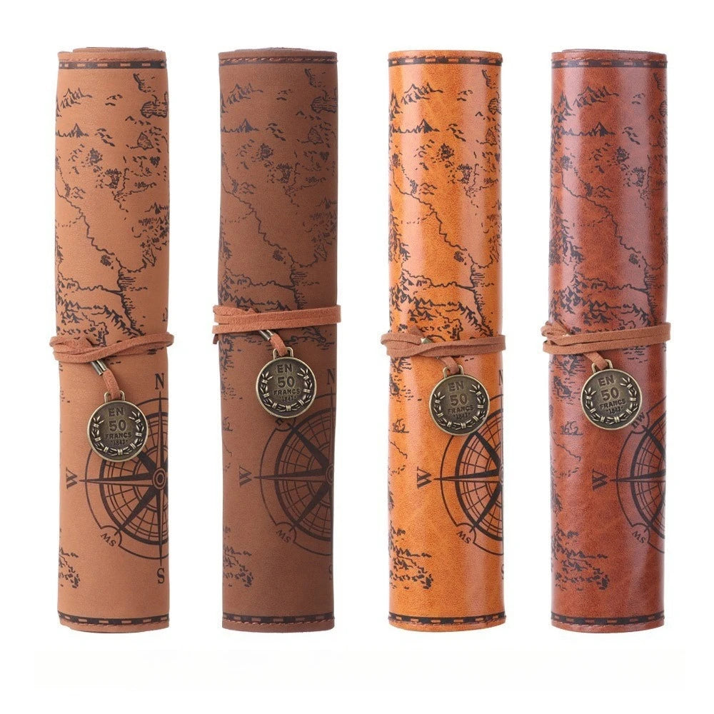 Creative Treasure Map Retro Leather Pencil Case Large Capacity Roll Up Pencil Bag Embossed Buckle Stationery Storage Pouch Oasis Select