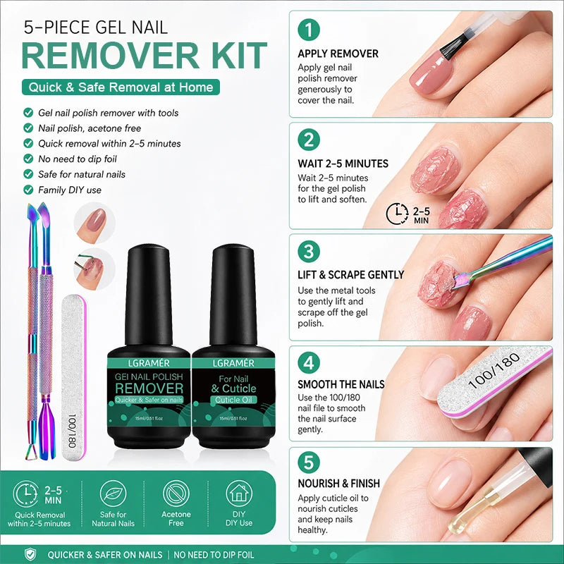 Gel Nail Polish Remover & Cuticle Care Set – 5-Piece DIY Kit