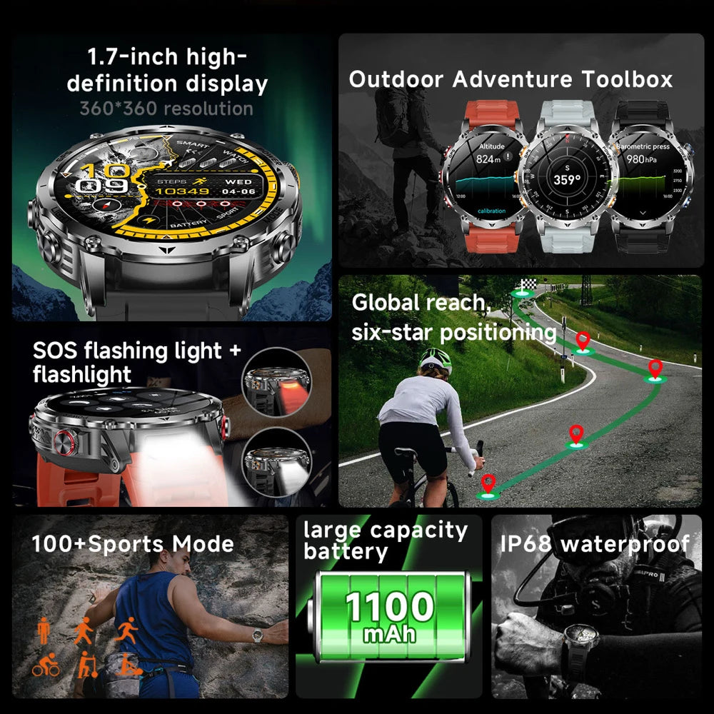 Outdoor Smart Watch Men Lady Flashlight Heart Rate BT Call Sports Bracelets Health Smartwatch Waterproof Compass GPS SOS 1100mAh Oasis Select