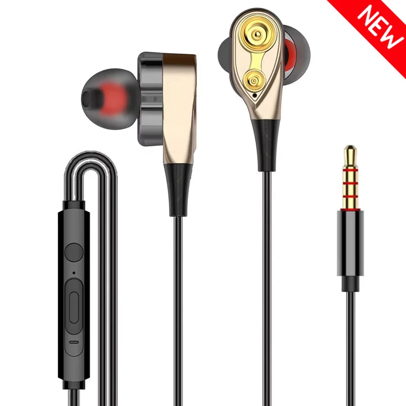 Double Moving Coil Headphones 3.5mm AUX With Mic Dynamic Headset In-Ear Music Gaming Sport Earbuds Bass Surround Shocking Sound Oasis Select Yellow (New)