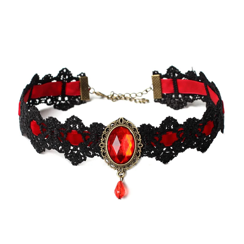 Black Lace Necklace Collar Choker Velvet Crystal Vintage Gothic Chain Pendant Oasis Select Red