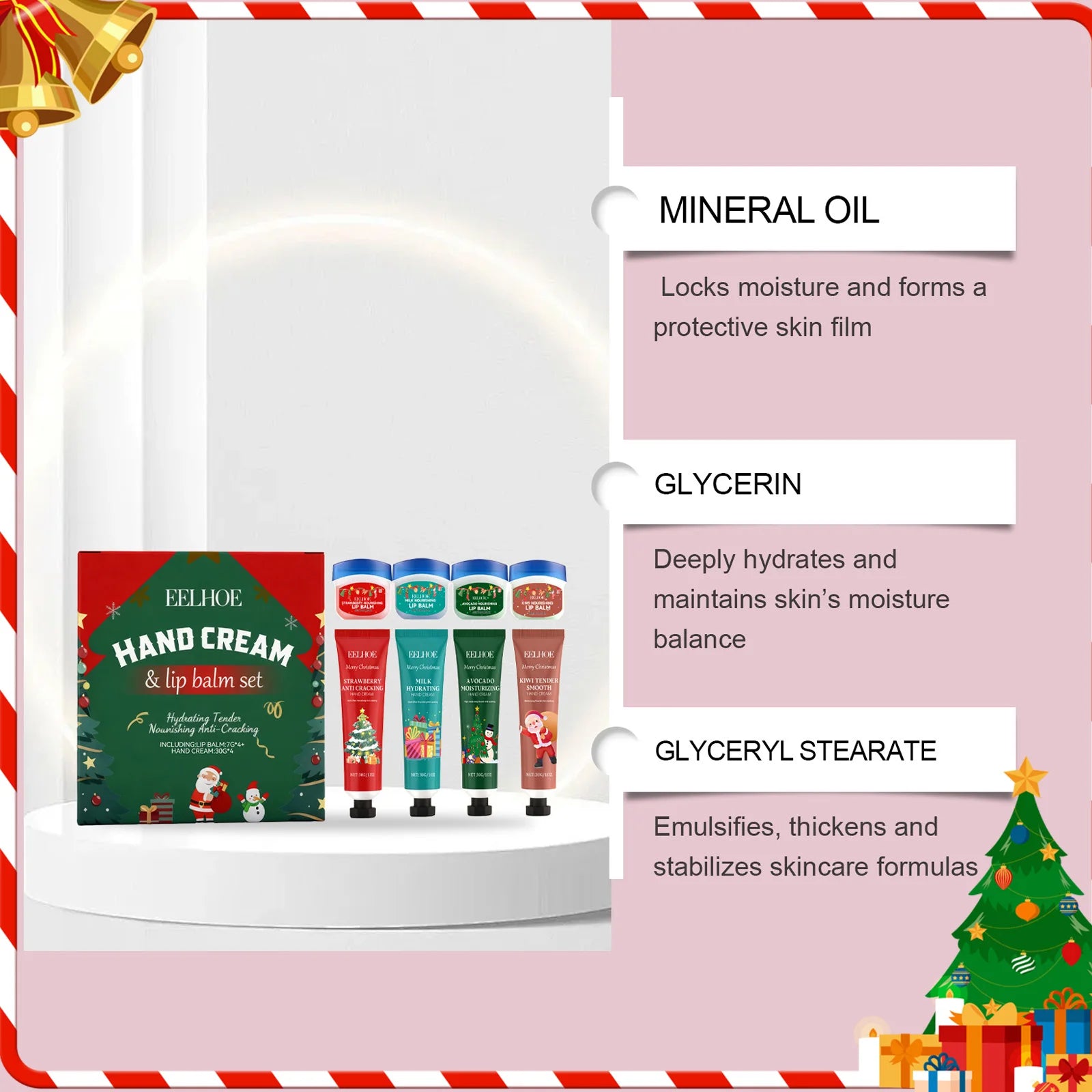 Christmas Hand Cream Lip Balm Set Gift Box Nourishing Moisturizing Anti-dry Cracked Softening Skin Festive Holiday Present Oasis Select