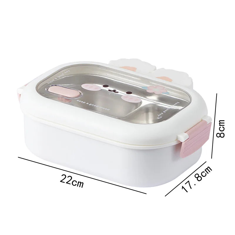 950ml Cute Rabbit Lunch Box Stainless Steel 2 Grid Bento Box Buckle Design Sealed and Leak-proof Portable Food Storage Container Oasis Select White 2 950ml|1