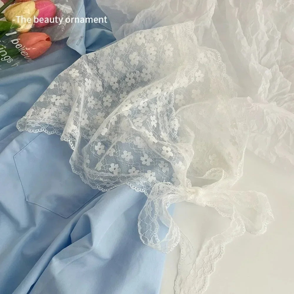 New French Style Triangle Scarf Small Flowers Fabric Turban Bandana Hair Accessories Lace Hair Bands for Spring Summer Oasis Select A