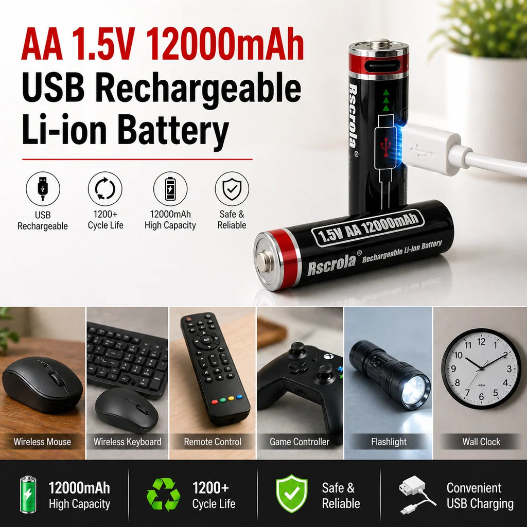 1.5V Li-ion Type-C Rechargeable AA Battery 12000mAh /AAA Battery 8000mAh High Capacity, for Camera/ Mouse/Xbox Controller/Toys Oasis Select