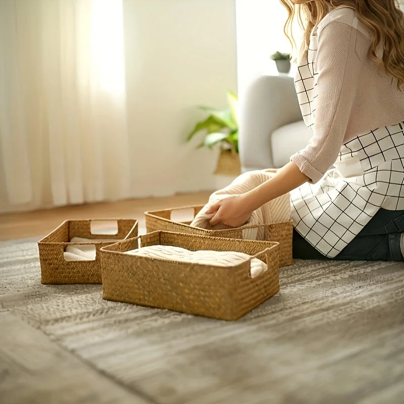 Handwoven Rattan Basket, Rectangular Storage Organizer for Bathroom Bedroom Living Room, Durable Wicker Decor Grocery Bag Holder Oasis Select
