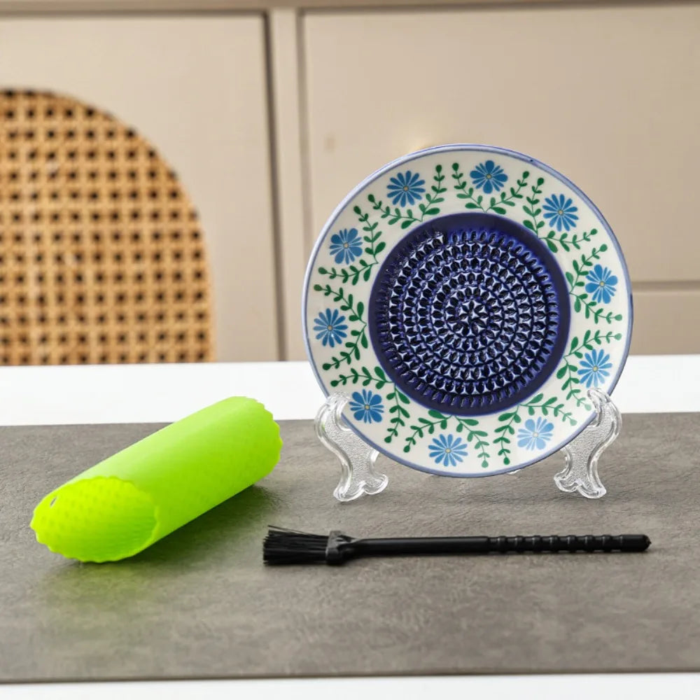 Ceramic Garlic Ginger Grater Plate with Brush & Peeler