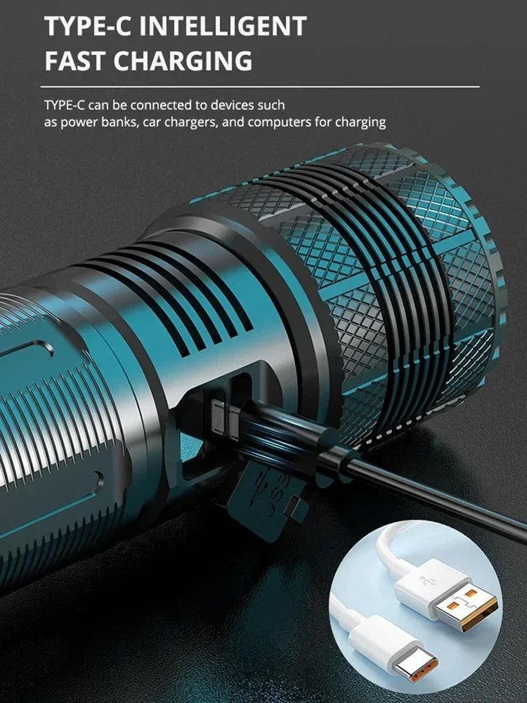 10000M LED Flashlight USB C Rechargeable 8000W Flash Light 9900000000LM Power Flashlights Zoom Tactical Lantern 20000mah battery Oasis Select