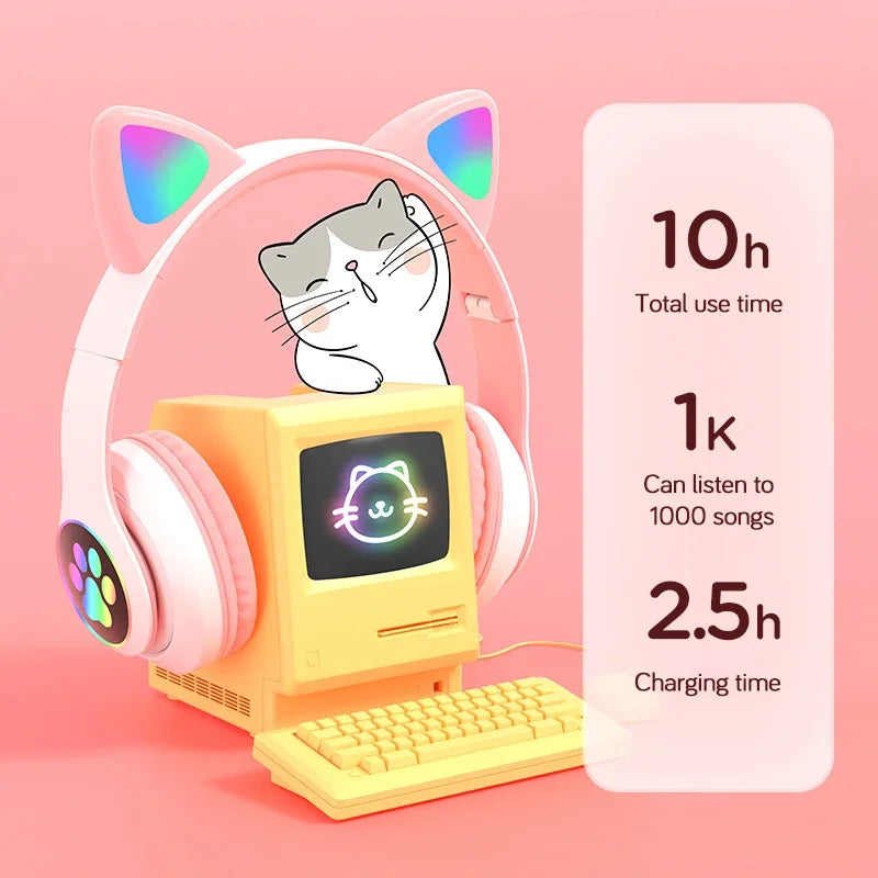 Flash Lamp Cute Cat Ears Headphone Bluetooth5.0 Stereo With Mic Support TF Card Wireless Kids Girl Earphone Birthday Gift Oasis Select