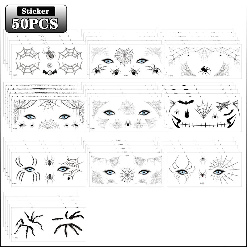 10-100PCS Halloween Spider Face Temporary Tattoo Stickers Black Bat Scary Fake Body Art for Kids Adults One Time Use Waterproof Oasis Select 50PCS