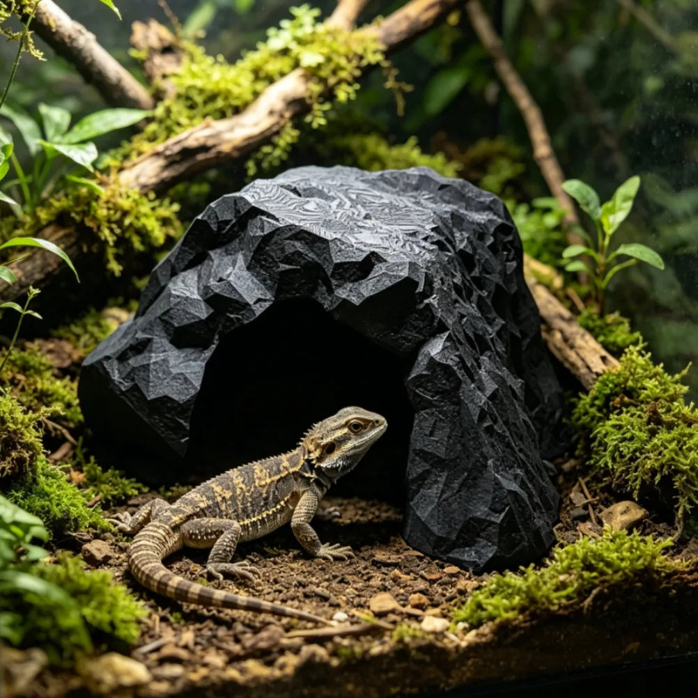 3D Printed Geometric Rock Reptile Hideout Cave Textured Terrarium Shelter For Lizard Snake Spider Bearded Dragon Habitat Decor Oasis Select