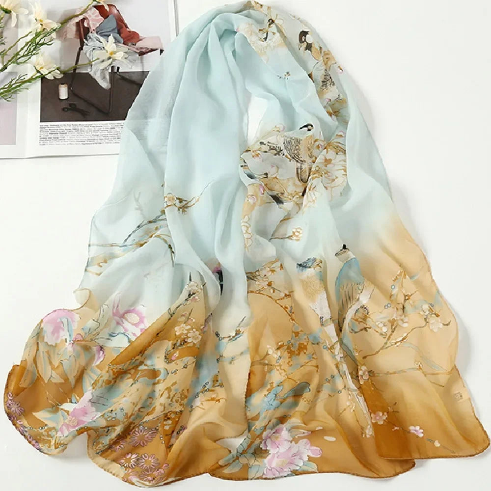 Fashion 160*50cm Chiffon Scarf Sunscreen Gradient Shawl Silk Washable Flower Print Long Wrap Shawl for Women Oasis Select 02