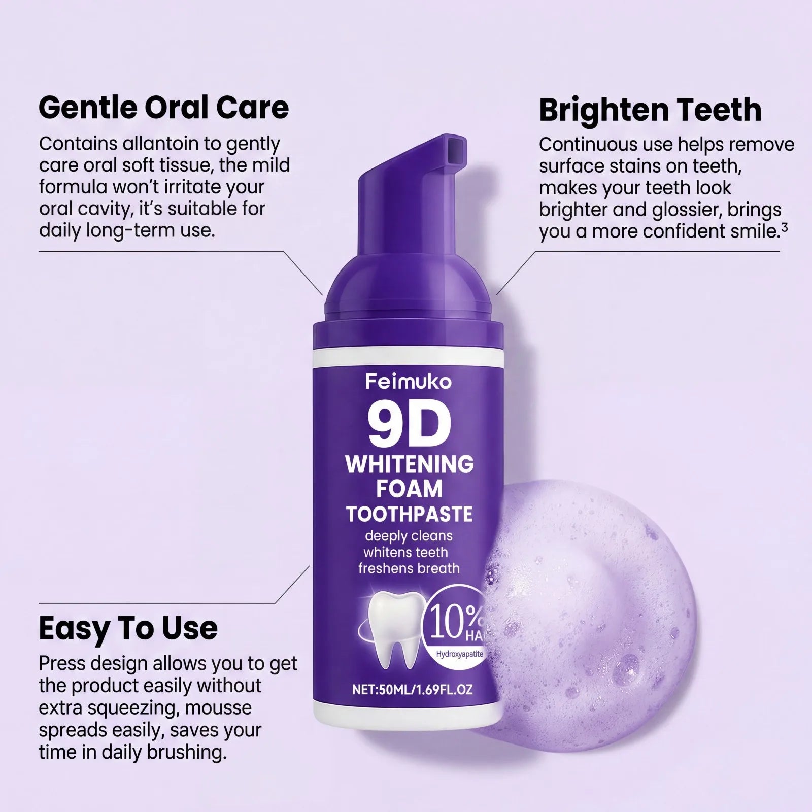 2026 New 9D Whitening Foam Toothpaste 10% Hydroxyapatite Deep Cleaning Fresh Breath Brighten Teeth tain Removal Oral Care 50ml Oasis Select