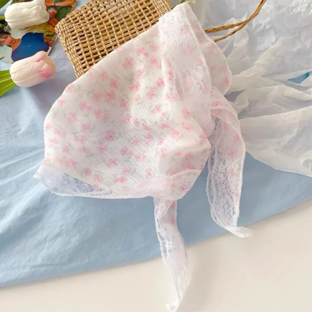 New French Style Triangle Scarf Small Flowers Fabric Turban Bandana Hair Accessories Lace Hair Bands for Spring Summer Oasis Select C