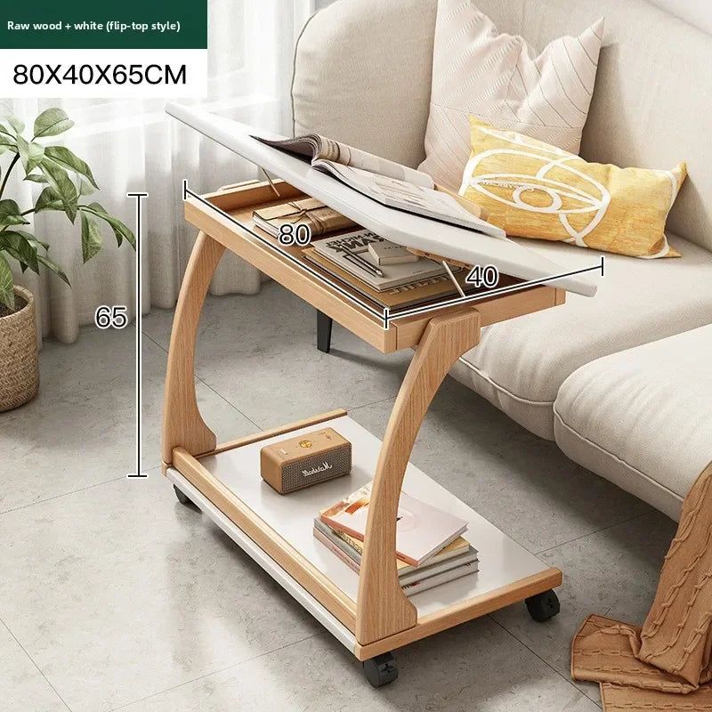 Multi-functional Removable flip solid wood edge few living room household side table sofa small coffee table sturdy and durable Oasis Select Rubber wood color F 1