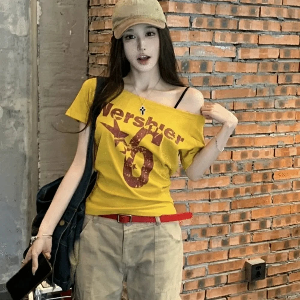Trendy Y2k Off Shoulder Top Letter Print Body Basic Crop Top Skew Collar Summer Top Vintage Style Oasis Select