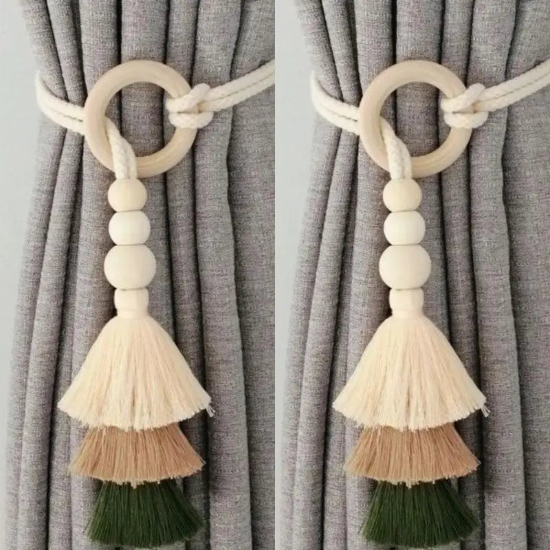 1/2Pcs Tassel Curtain Tie Backs Wooden Bead Curtain Tiebacks,Bohemian Curtain Clasp, Curtain Tiebacks Home Decorative Oasis Select A10