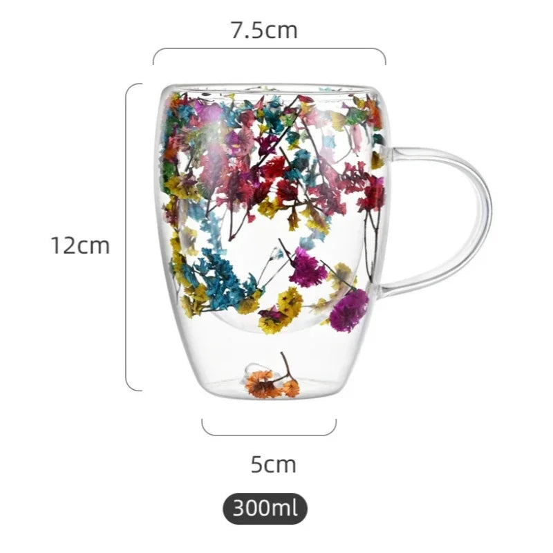 1PCS 300ml Double Wall Glass Cup with Handle Dried Flower Decorated Ins StyleDurable Coffee Milk Mug Heat Resistant Tea Cups Oasis Select