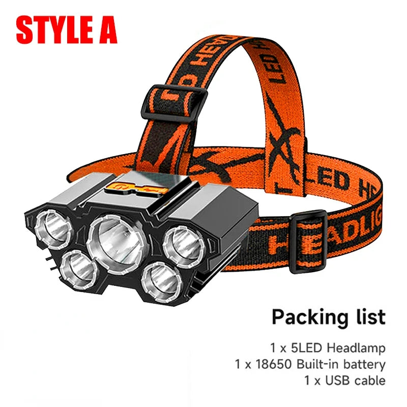KDULIT 5LED Headlamp Strong Light Head Lamp USB Rechargeable Headlight Built-in 18650 Battery Fishing Flashlight Outdoor Lantern Oasis Select Style A