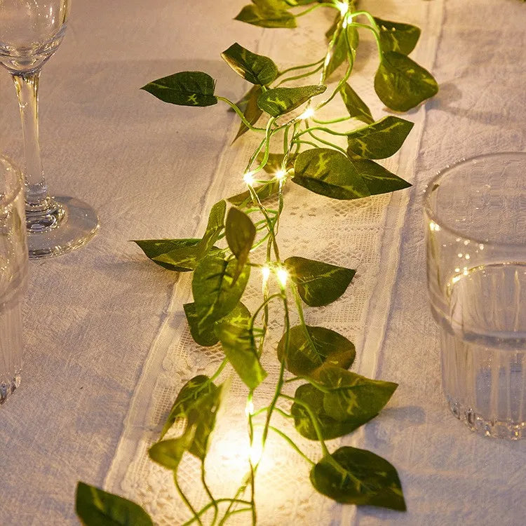 Solar LED Light String - Simulated Climbing Ivy & Cherry Blossom, Rattan Style Copper Wire Lights for Courtyard Decor Oasis Select Green leafy vine 5M 50light Battery