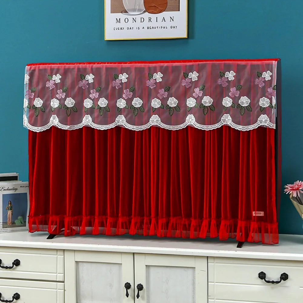 Fashion 32 Inch TV Dust Cover Embroidered Lace Wall Mounted LCD TV Protective Cover Ultra-thin TV Screen Monitor Cloth Oasis Select Red