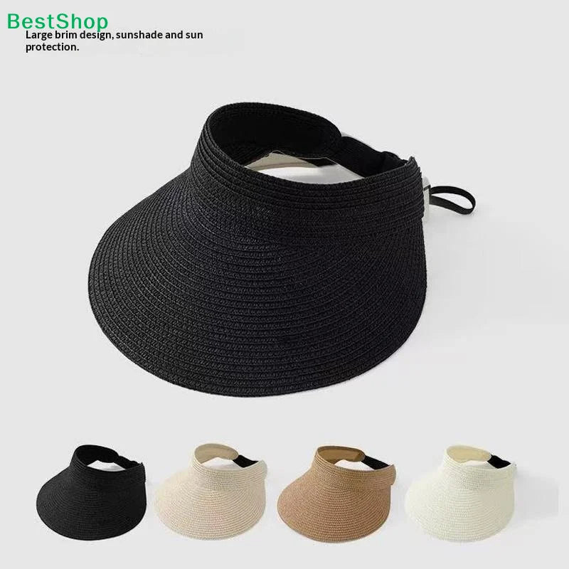 UPF 50+ Wide Brim Straw Visor Hat – Foldable Ponytail Beach Hat