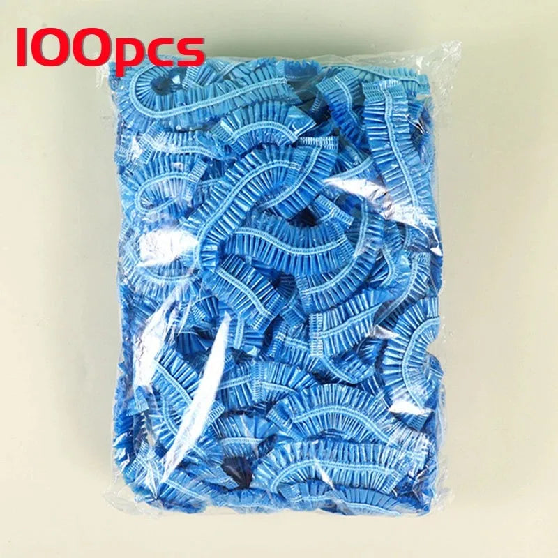 Women's Disposable Shower Cap, Plastic Waterproof Head Cover, Pink Spa Salon, Hotel Hair Dye, Elastic Hair Cap, 100 Pieces/set Oasis Select Blue