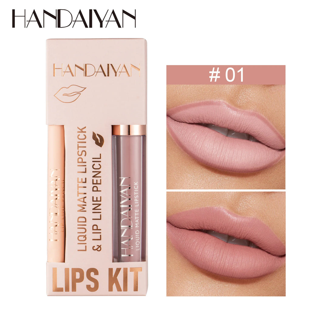 Women 2 in 1 Lipstick and Liner Set Waterproof Matte Makeup Korean Beauty Long Lasting Cosmetic Lip Kit Oasis Select 01