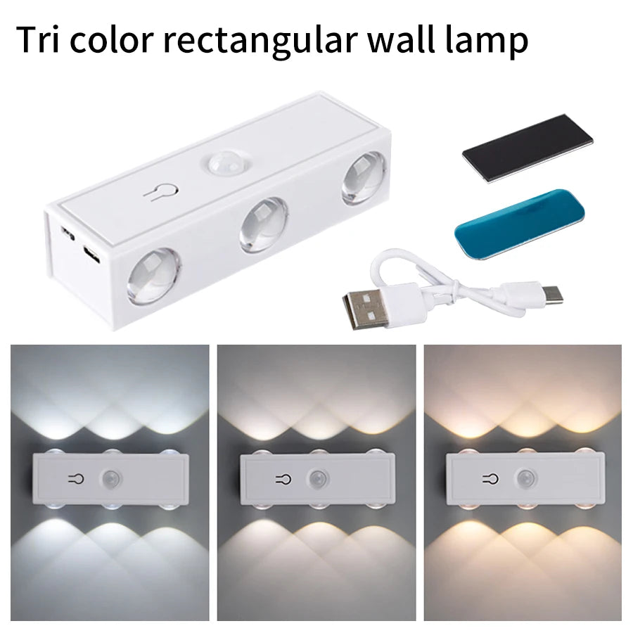 3 Colors/RGB Motion Sensor LED Night Light Rechargeable Magnetic Wall Lamp Touch Dimming Ambient Light for Bedroom Hallway Stair Oasis Select 6 LED with 3 Color