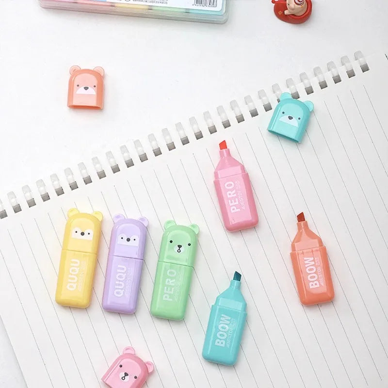 4/5/6Pcs Mini Highlighter Pens Bear Macaron Colors Highlighting Stationery Drawing Noting School Supplies Oasis Select