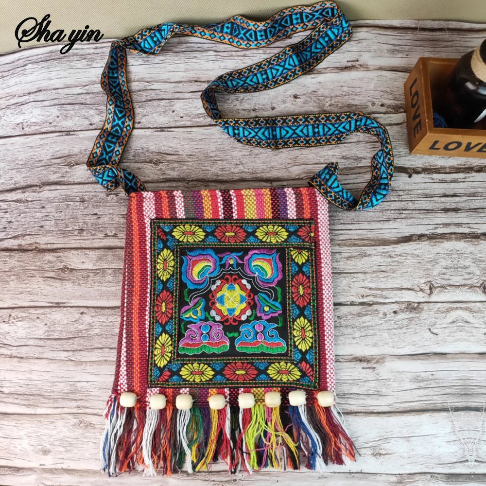 Ethnic Embroidered Linen Crossbody Bag | Tassel Bead Shoulder